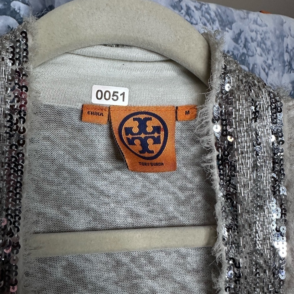 Tory Burch Maple Cardigan, Animal Print Sequin Style Open Cardigan Size Medium - Picture 3 of 6